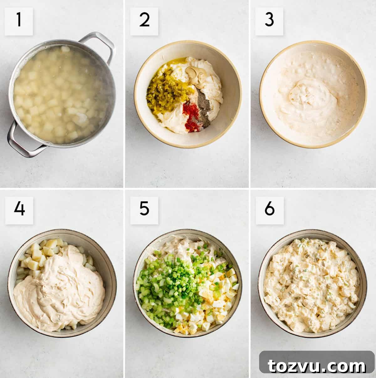 Classic Creamy Potato Salad Recipe 3 six panel collage image showing the process of making potato salad