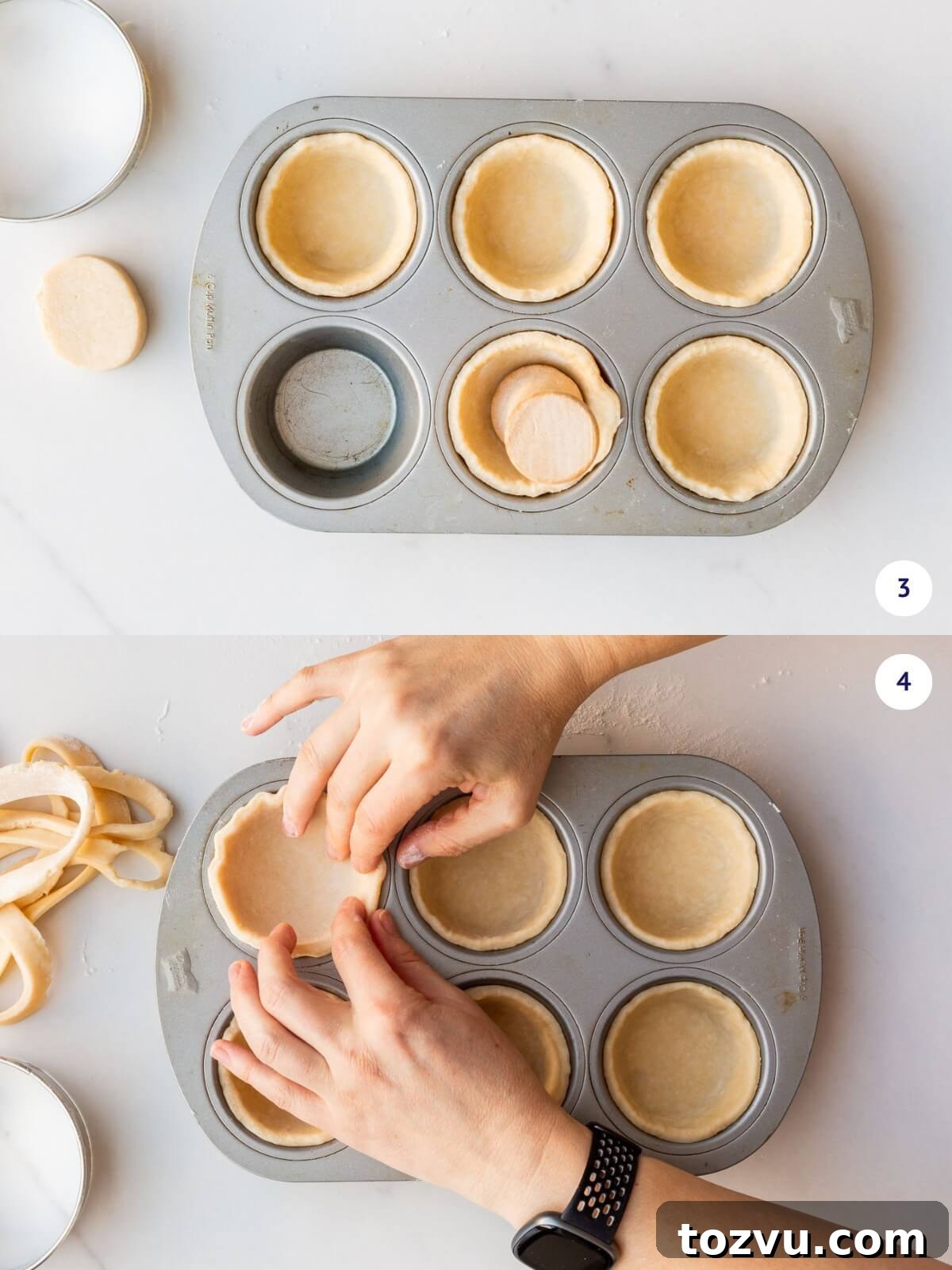 Butter Tarts Without Corn Syrup with Flaky All-Butter Crust 5 Fitting rounds of dough into a muffin pan to create tart shells for butter tarts, either by hand or using a wood dough tamper.