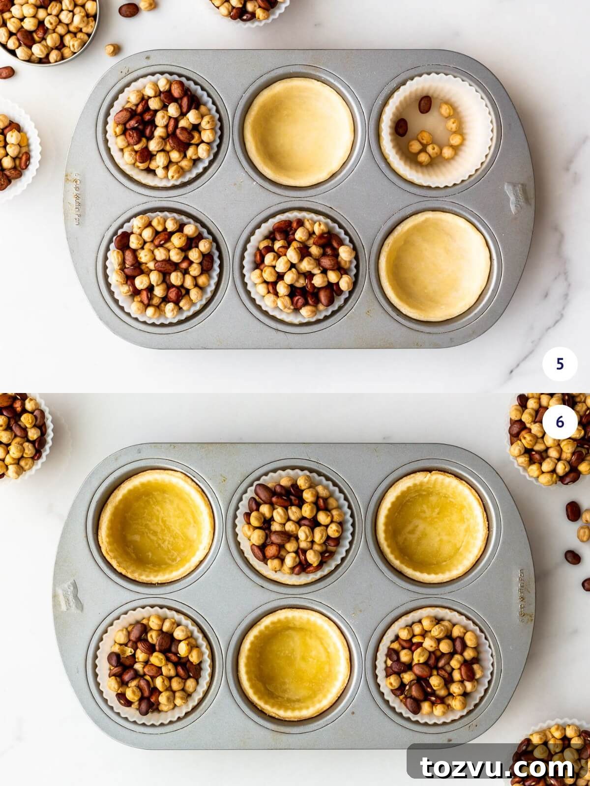Butter Tarts Without Corn Syrup with Flaky All-Butter Crust 6 Blind-baking the shells for butter tarts in a muffin pan with silicone liners filled with beans to ensure the shells bake perfectly without puffing.