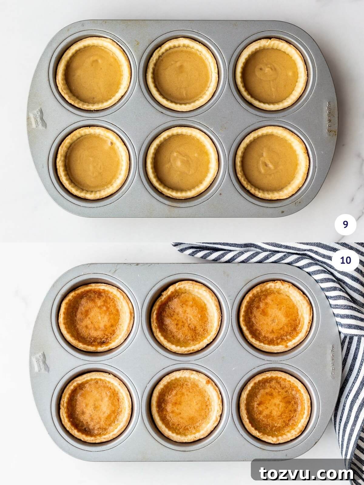 Butter Tarts Without Corn Syrup with Flaky All-Butter Crust 8 Homemade butter tarts before and after baking to show that the filling doesn't overflow when baked so the tarts are easy to unmould.