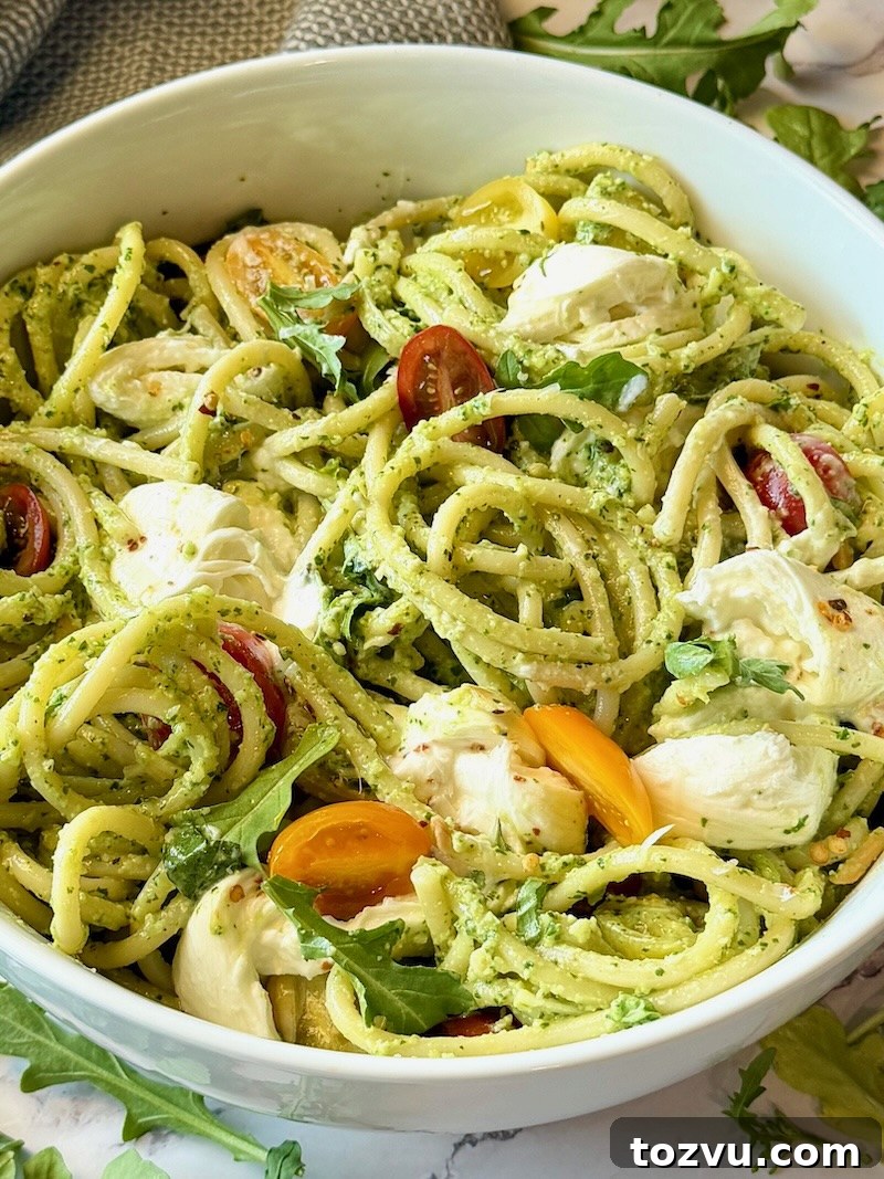 Bucatini Pasta With Arugula Pesto And Burrata