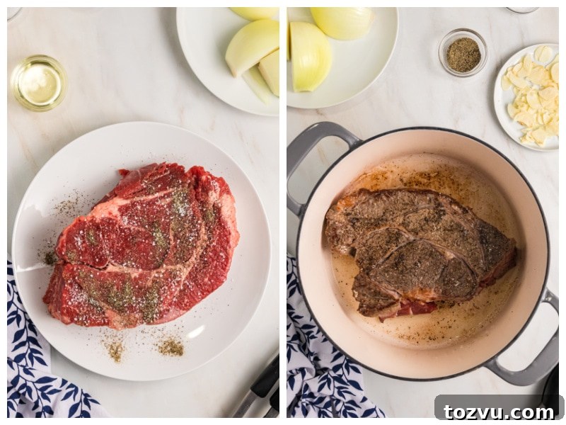 two photos showing roast and then browned in pan