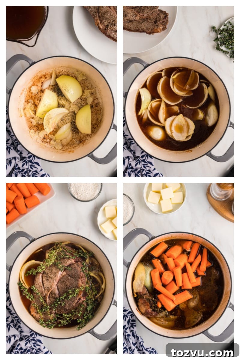 four photos showing how to make pot roast in a pot