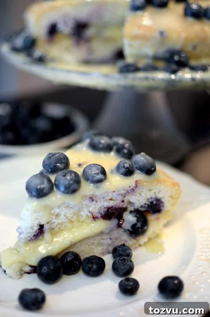 Blueberry Layer Cake with White Chocolate Pudding Icing 4 a slice of blueberry cake with icing