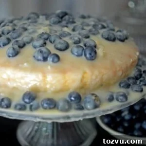 Blueberry Layer Cake with White Chocolate Pudding Icing 7 A blueberry cake on a stand.