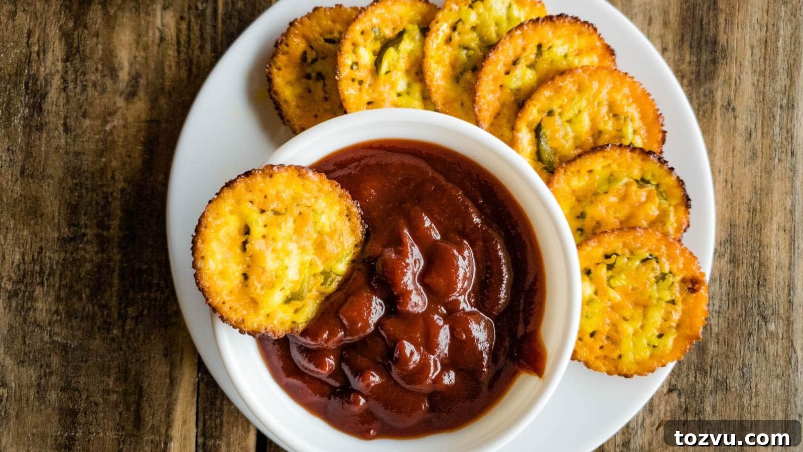 17 Thanksgiving Recipes Ready in Minutes 11 Baked pickle cheese chips with bowl of ketchup on white plate.