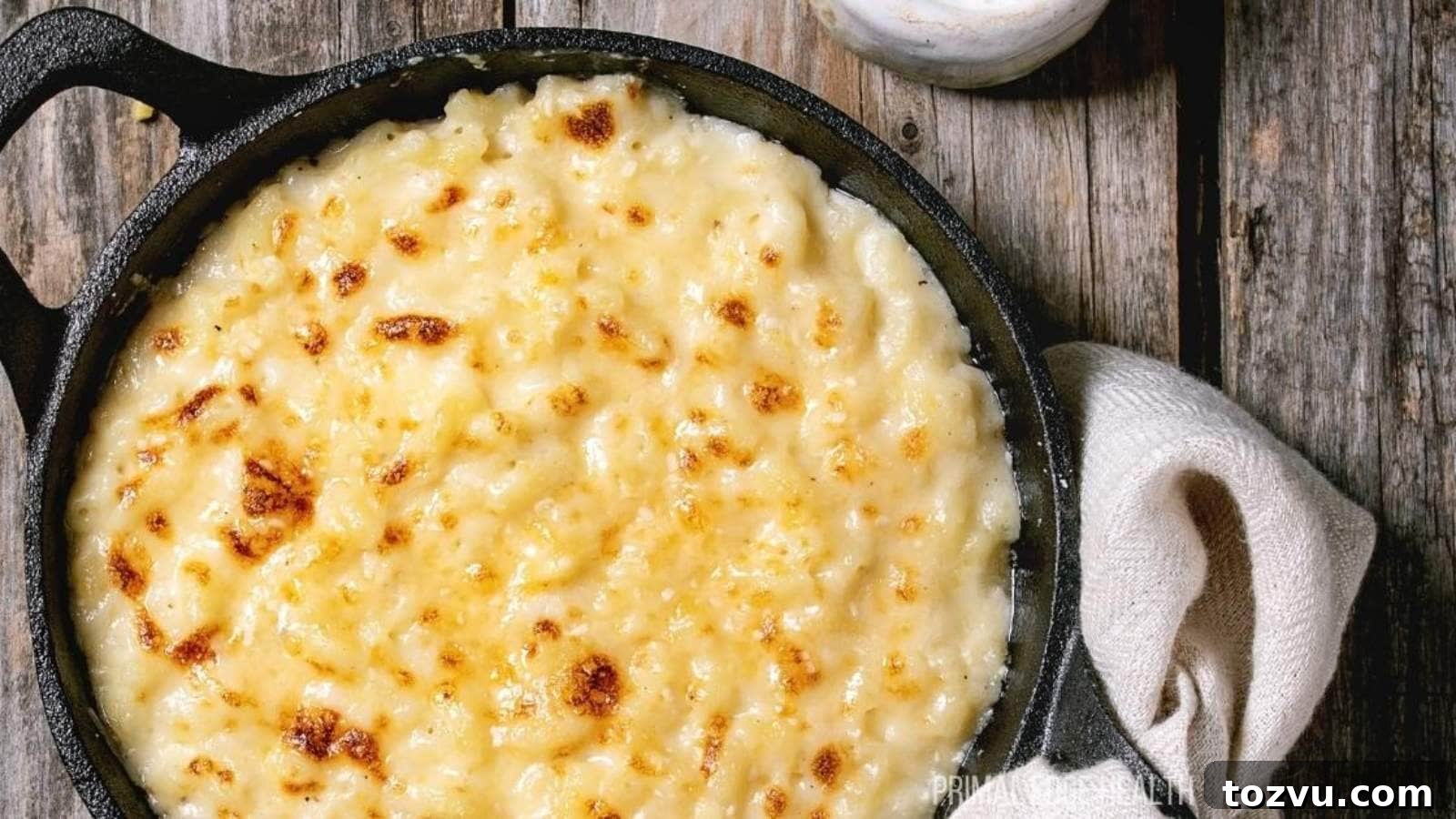 17 Thanksgiving Recipes Ready in Minutes 14 A picture of baked cauliflower mac and cheese in cast iron skillet on wooden table.