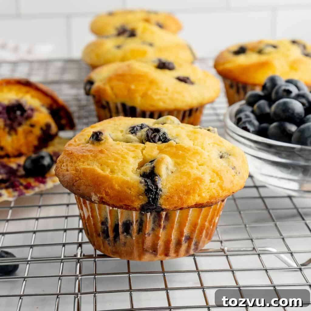 Blueberry muffin on a cooling rack with a cup of blueberries on the side.