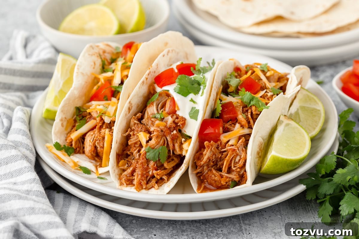 Homemade Chicken Taco Seasoning Mix 6 Shredded chicken tacos with fresh toppings and lime wedges on a white plate.