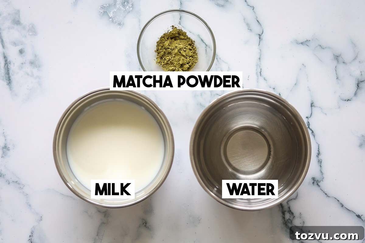 Matcha Ice Cubes for Iced Lattes, Smoothies and Cold Brew 3 Ingredients of this recipe into bowls: water, milk and matcha powder.