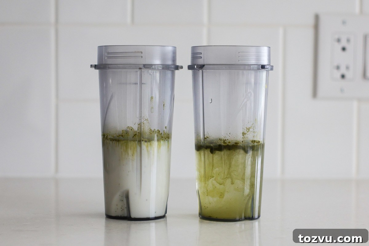 Matcha Ice Cubes for Iced Lattes, Smoothies and Cold Brew 4 Two transparent jars: one with water and matcha powder, one with milk and matcha powder.