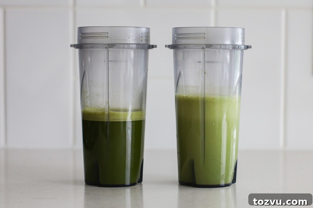Matcha Ice Cubes for Iced Lattes, Smoothies and Cold Brew 5 Two jars with matcha drinks: one with water, one with milk.