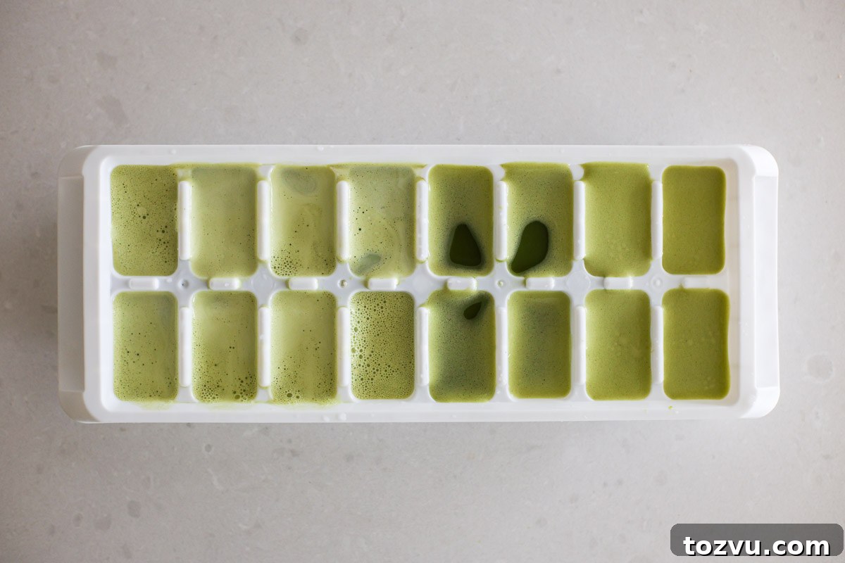 Matcha Ice Cubes for Iced Lattes, Smoothies and Cold Brew 6 Matcha ice cubes on ice tray before freezing.