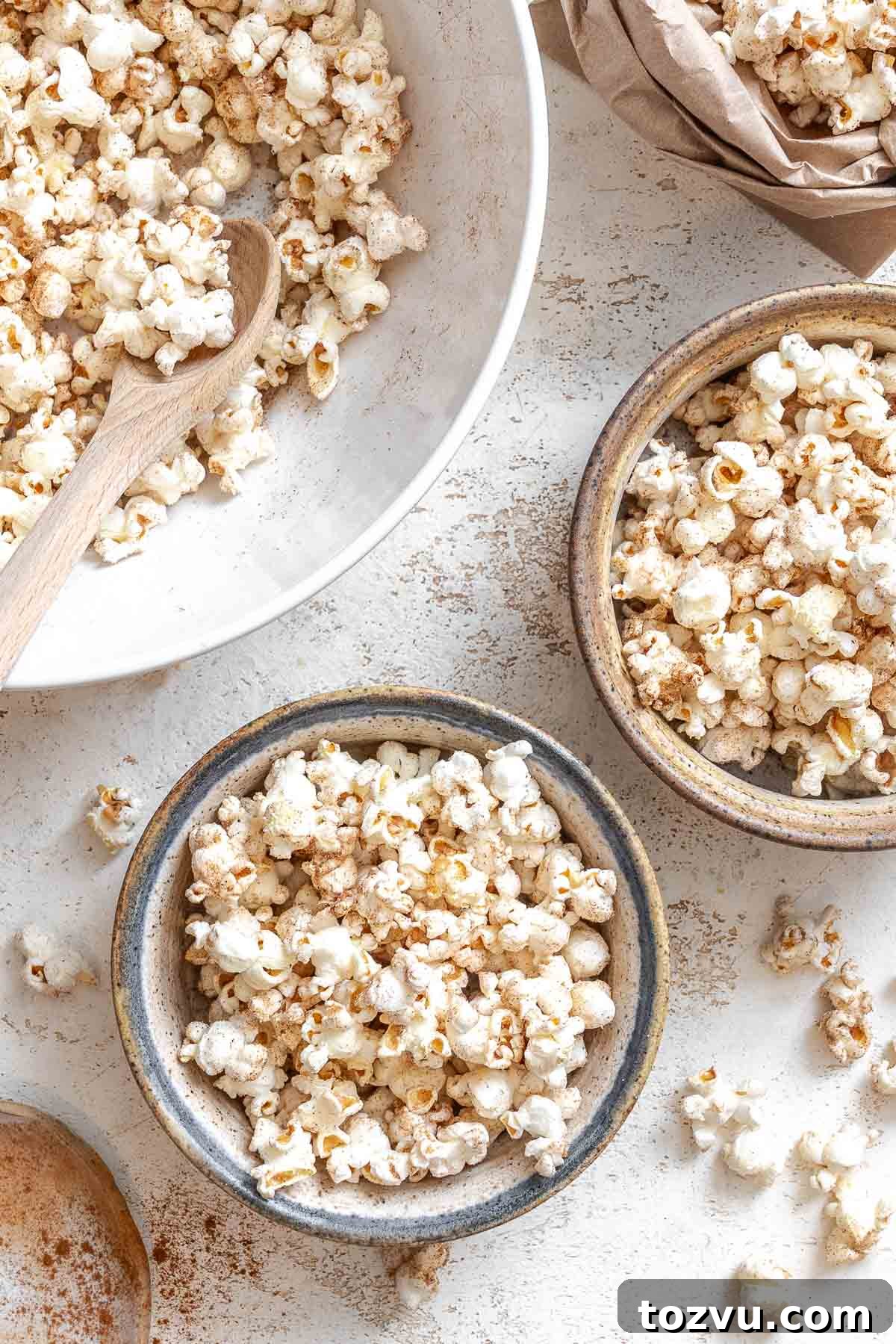Completed Chai Popcorn in three individual bowls.