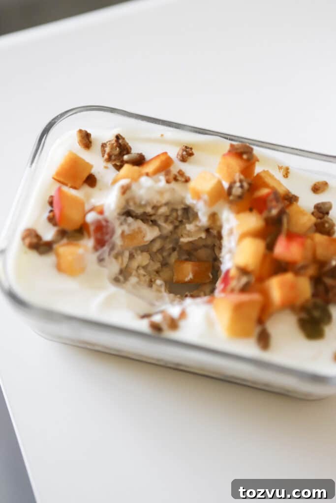 Peaches and Cream Overnight Oats: Creamy No-Cook Breakfast 4 healthy protein peaches and cream overnight oats in a small casserole dish